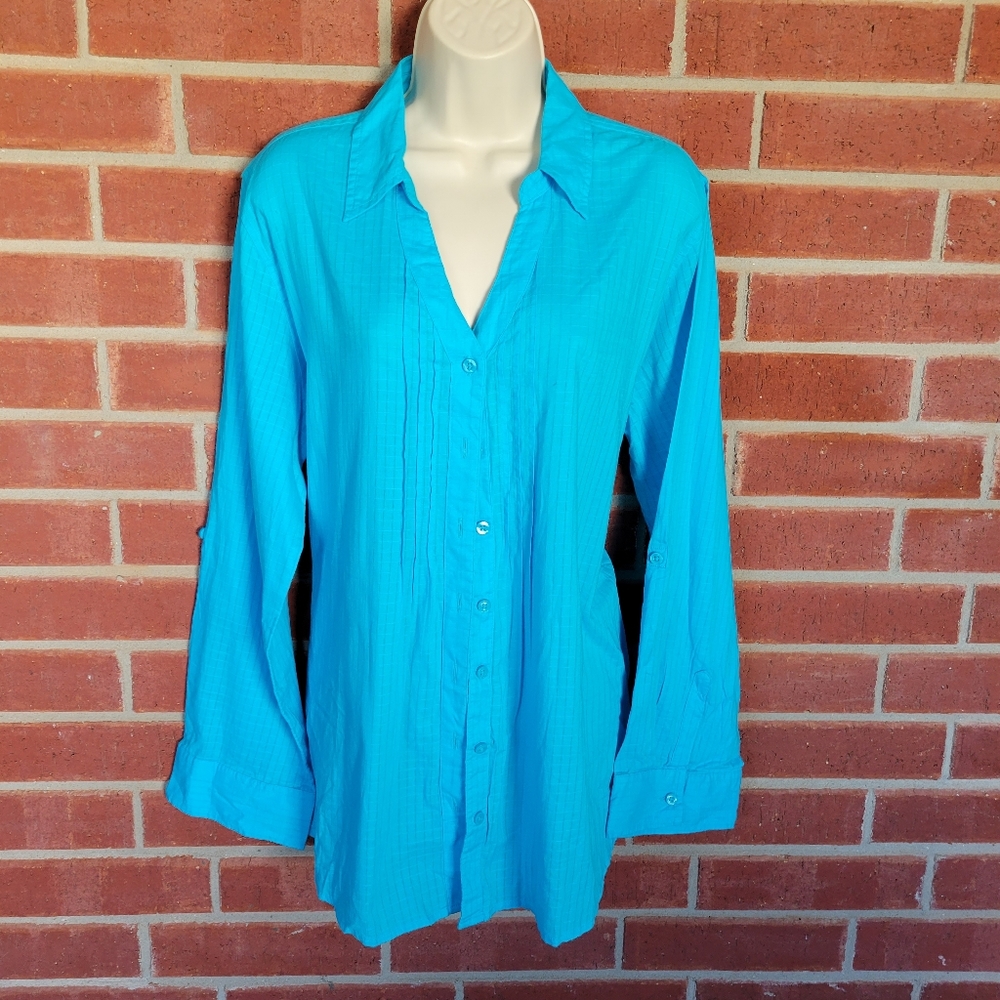 White Stag XL/XG Turquoise Blue 100% Cotton Button Front Blouse.  #395